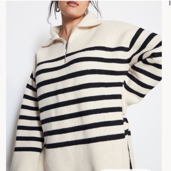 H&M Oversized Cream Striped Rib-knit Half-zip Sweater - Picture 1 of 2